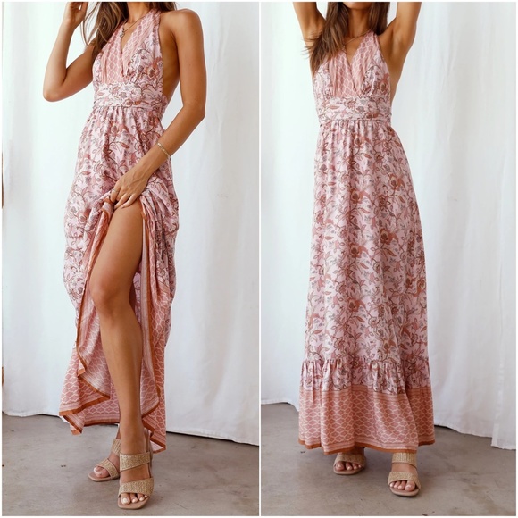 Boho Floral Print halter Ruffle Maxi Dress - Picture 5 of 5